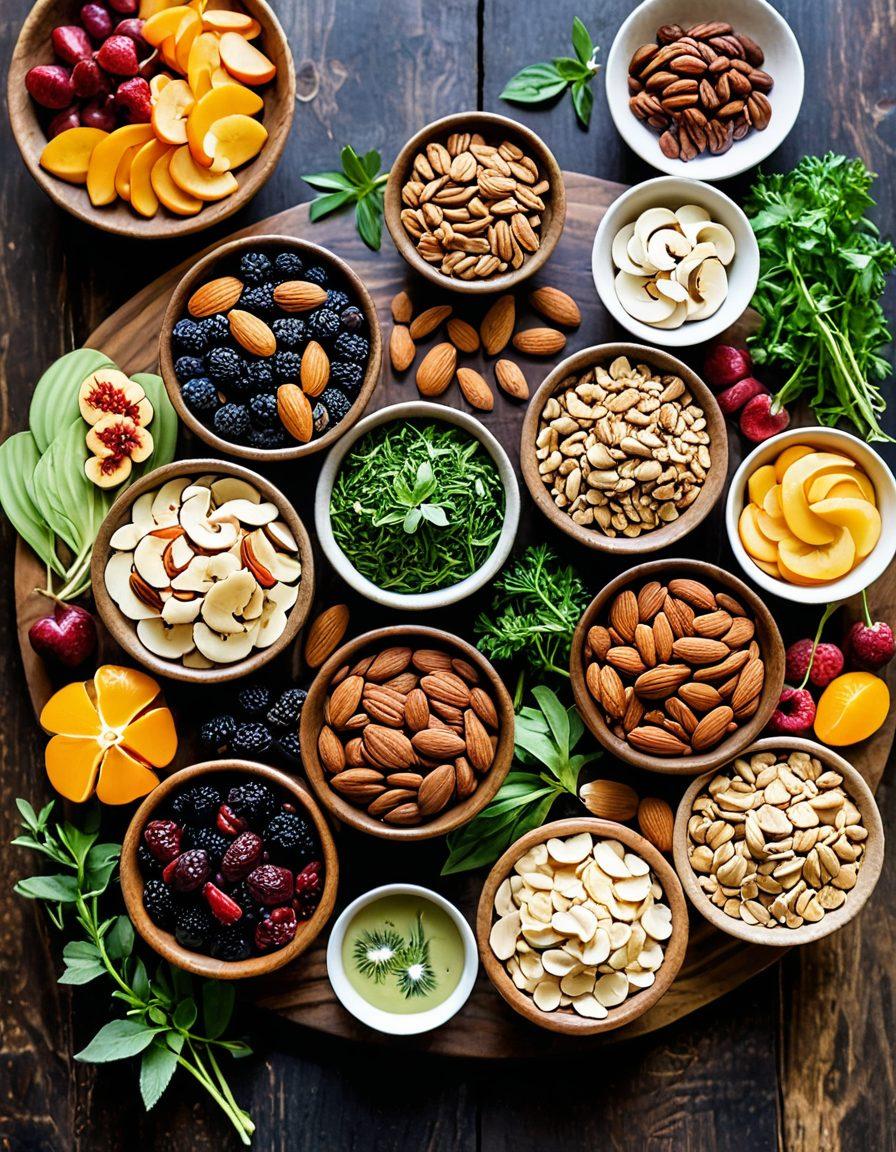 A colorful display of various nut-based snacks laid out on a rustic wooden table, featuring a mix of almonds, walnuts, and cashews in elegant bowls. Surrounding these are vibrant salads and smoothies that highlight their health benefits, with a backdrop of fresh herbs and fruits. Soft natural lighting accentuates the textures and colors of the food. rustic style. vibrant colors. natural lighting.