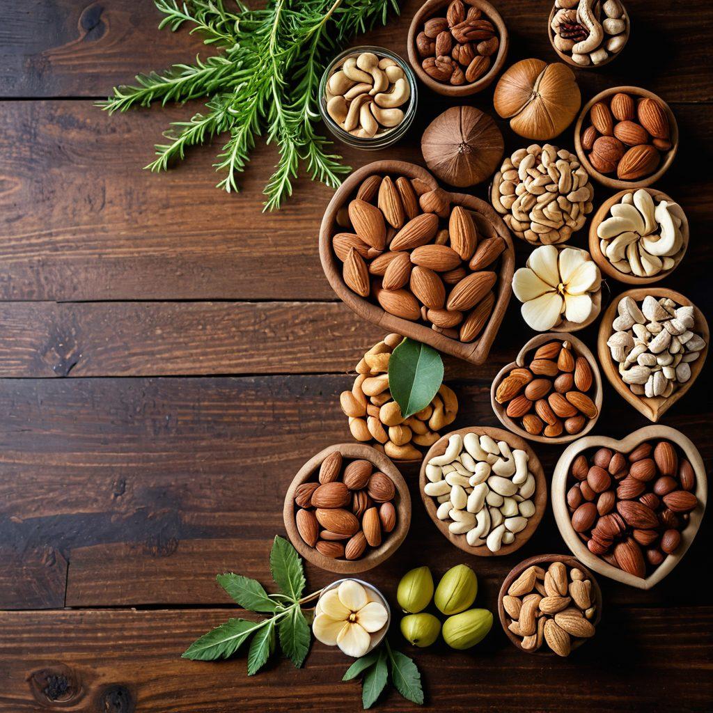 A vibrant assortment of nuts, including almonds, walnuts, cashews, and hazelnuts, artfully arranged on a rustic wooden table. Surround the nuts with fresh herbs and spices to emphasize their culinary versatility. In the background, a blurred kitchen setting hints at cooking and health, with a soft light filtering through a window. Incorporate a few health-related icons like a heart or leaf to symbolize their benefits. super-realistic. vibrant colors. natural lighting.