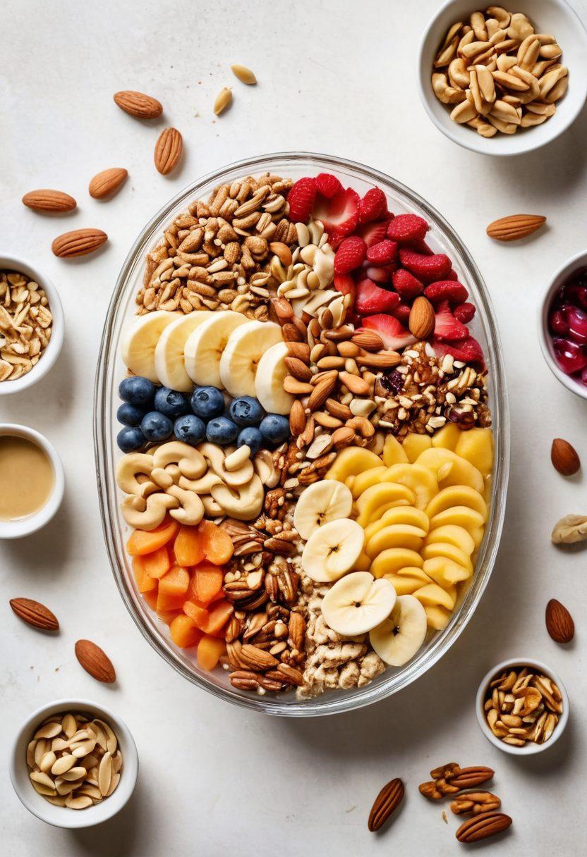 A vibrant spread showcasing a variety of nuts, including almonds, walnuts, and cashews, artistically arranged in clear glass bowls. Surround the bowls with delicious nut-based dishes such as nut butter on whole grain toast, a colorful salad topped with nuts, and a smoothie bowl garnished with crushed nuts and fresh fruits. Use warm lighting to create an inviting atmosphere, emphasizing the health benefits of nuts. super-realistic. vibrant colors. white background.